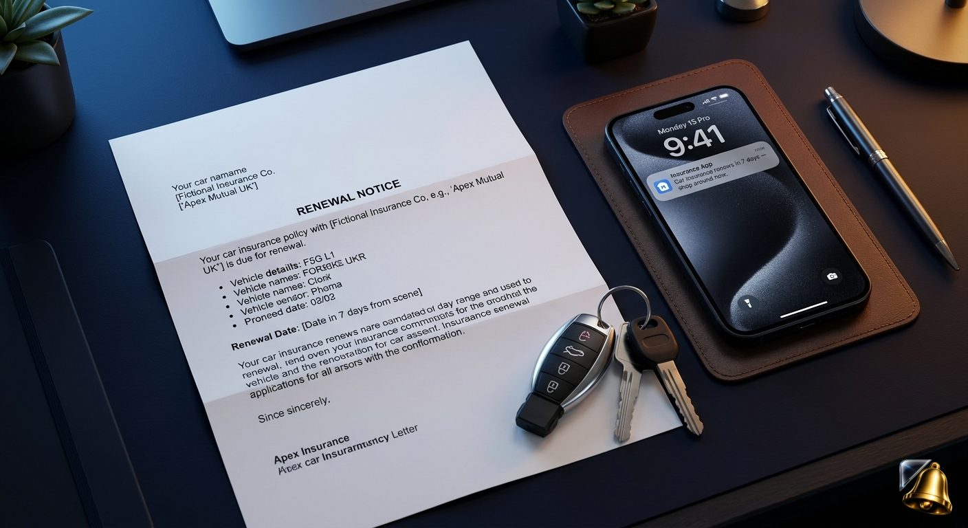 Car insurance renewal letter with iPhone reminder notification