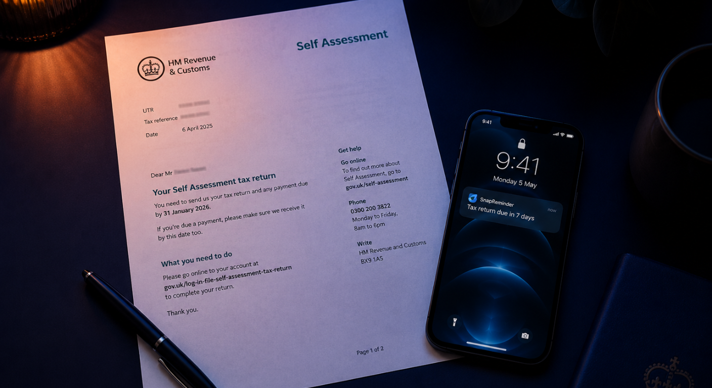 HMRC Self Assessment letter with iPhone deadline reminder