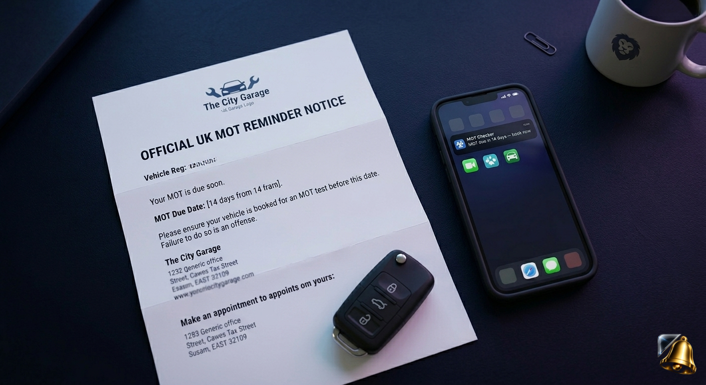 MOT reminder letter with car key and iPhone notification
