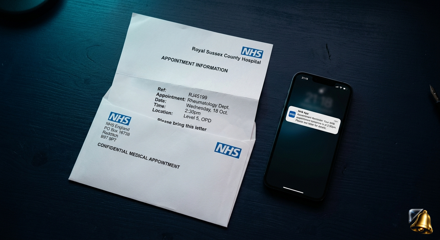 NHS appointment letter with iPhone reminder notification