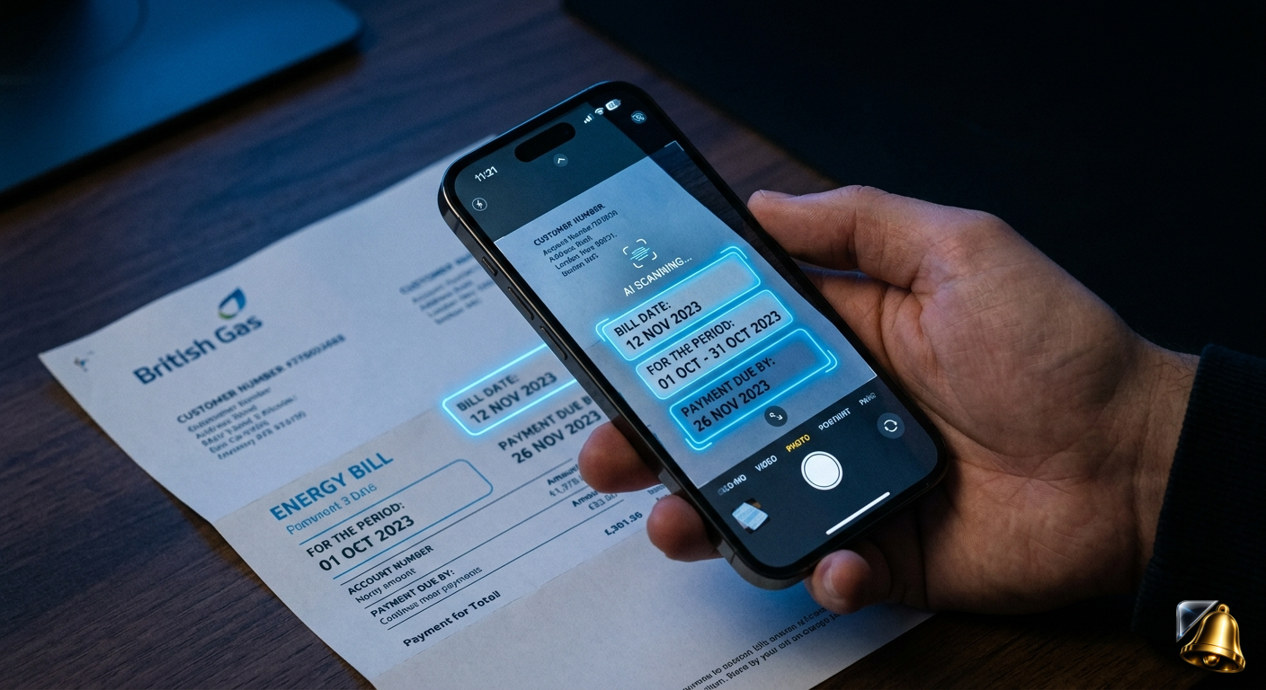 iPhone scanning a bill with AI highlighting the due date